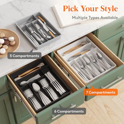 Silverware Drawer Organizer Tray (Gray / 12.3 x 16 inch (7 Slots))