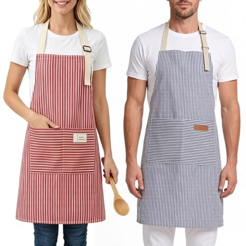 Aprons For women With Pockets Aprons For Soft Apron With An Adjustable Neck Strap (Fine Green Stripes + Fine Red.)