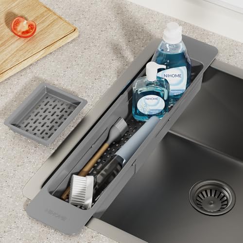 Extendable Kitchen Sink Caddy Extra Long Brush Sponge Storage Holder (Extra Long / Dark Gray)