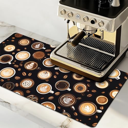 Dish Drying Mat Large Coffee Mat Absorbent Drying Mat for Kitchen Counter Coffee Bar Accessories 32"x 17" (Latte Cups)