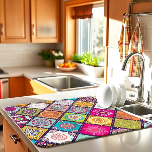 Plaid Floral Boho Counter Dish Drying Mat (BOHO 03 / 24" x 18")
