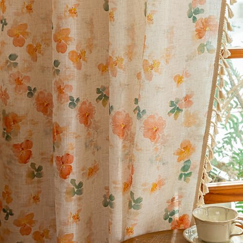 Floral Boho Linen Curtains 96 inch Long 2 Panels Set Farmhouse Vintage French Orange Printed Semi Sheer Light Filtering Window Drapes with Tassels Back Tab for Living (Orange / 50"W x 96"L (Pack of 2))