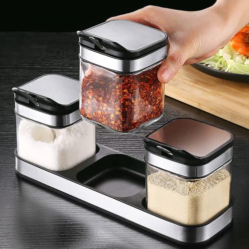 Condiment Jar Spice Container with 304 Stainless Steel Lids and Spoons (3-flavor set)