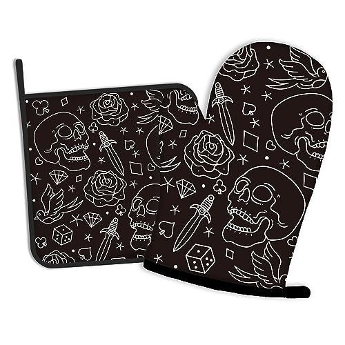Skull Head with Rose Oven Mitts and Pot Holders Kitchen Cooking Gloves 2 Pcs Set Heat Resistant Pad for Baking BBQ Home Decor (Skull Head With Rose)
