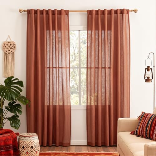 90 Inches Long Curtains for Living Room Light Filtering Semi Sheer Curtains Bedroom Window Drapes Privacy Back Tab Farmhouse Rustic Boho Modern Country (50"W x 90"L (Pack of 2) / Terracotta)