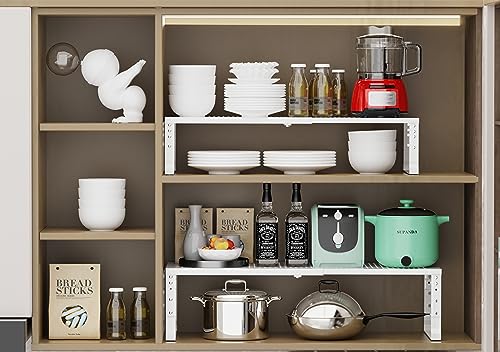 Expandable Adjustable Stackable Kitchen Organizer (3 Packs/White / 10.24"D x 16.6"~26.5"W x 6.1"/7.5"H)