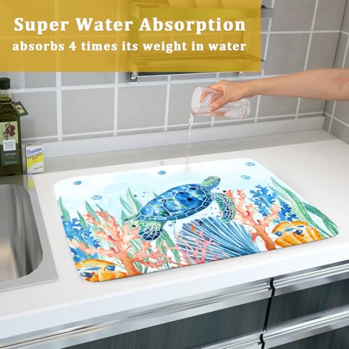 Sea Turtle Dish Drying Mat 18x24in Watercolor Blue Tortoise Dish Drainer Mats Nautical Ocean Coral Seashell Seaweed Microfiber Dish Drying Pad for Kitchen Countertop Large Decor (24" x 18")