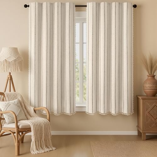 Beige 100% Boho Blackout Curtains 63 Inch 2 Panels with Tassels (Black / 52"W x 63"L (Pack of 2))