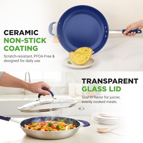 14" Fry Pan With Lid (Silver exterior/Blue interior / 14")