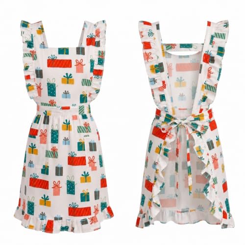 Women Cotton Apron Ruffle Adjustable Strap with Pocket (Gift Box)
