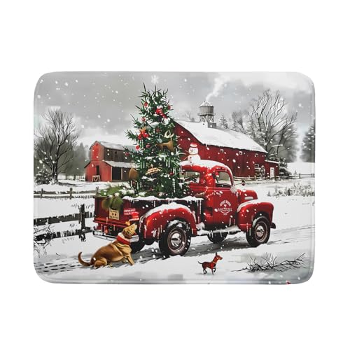 Red Truck Christmas Dish Drying Mat for Kitchen Counter 18x24 Inch Winter Xmas Tree Snowman Dog Print Absorbent Reversible Microfiber Drying Mats Kitchen Countertop Protector Dishes Drainer Rack Pad
