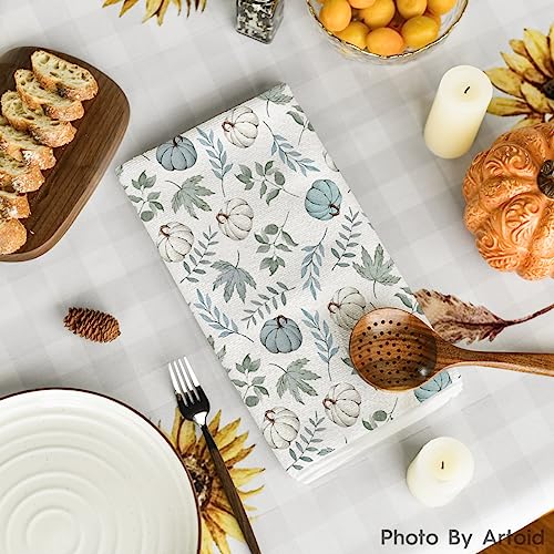 Blue Leaves Pumpkin Fall Kitchen Towels Set of 3 18x26 Inch (Blue)
