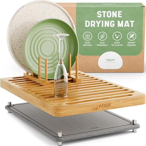Stone Drying Mat for Kitchen Counter & Bamboo Rack (Light Bamboo)