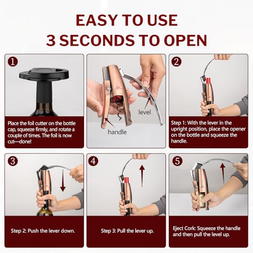 Quality Compact Vertical Lever Corkscrew Wine Opener with Foil Cutter. 3 Seconds to Open a Bottle of Wine. Metallic Bronze (Copper Black)