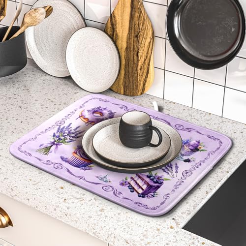 Purple Dish Drying Mats for Kitchen Counter Washable Drying Pad Absorbent Coffee Mat (Dreamy Dessert Purple / 18" x 16")