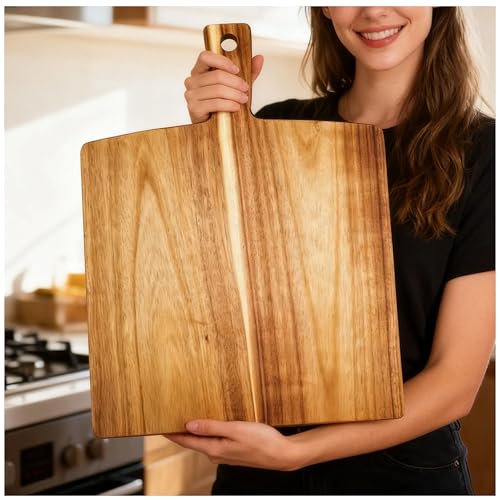 Large Acacia Wood Cutting Board with Handle 17''X13'' (BigSquare-17x13)