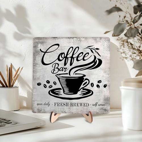 Vintage Coffee Bar Sign Plaque for Coffee Station (Gray / 5.9 x 5.9 x 0.32 inches)