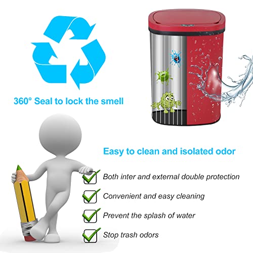 13 Gallon 50L Touch Free Automatic Stainless Steel Trash Can Garbage Can Metal Trash Bin with Lid for Kitchen Living Room Office Bathroom (Red)