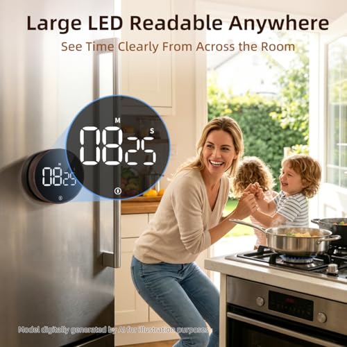 Digital Magnetic Kitchen Timer & Stopwatch with LED Display (7.8*7.8*2.7CM / Deep Woodgrain)