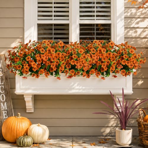 Artificial Fall Flowers Faux Mums for Outdoor Indoor Garden Home Decoration (Orange)
