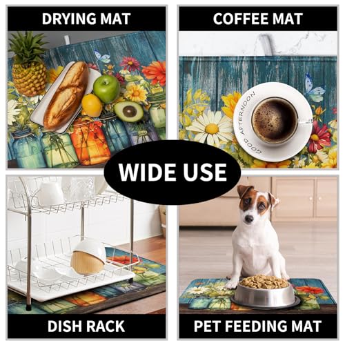 Daisy Dish Drying Mat for Kitchen Counter 18x24 Inch Rustic Vintage Flower Vases Drying Mats Microfiber Absorbent Dishes Drainer Mats Farmhouse Floral Wooden Board Dish Rack Pad (Daisy Vases / 18" x 24")