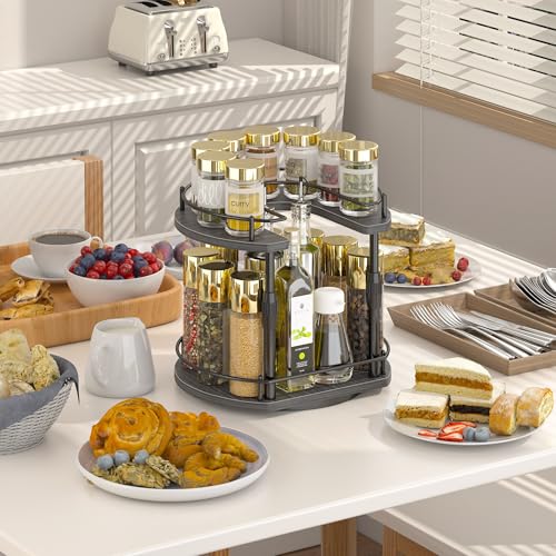Lazy-Susan-Spice-Rack -Organizer For Cabinet With Adjustable Height, 12 inch Rotating Seasoning Holder Spice Organization For Pantry, 2-Tier Kitchen Counter Shelf Countertop Organizer (Grey / 10.43"D x 12"W x 13.19"H)