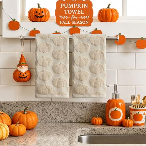 Fall Hand Towels 13.7x29.5 inch Set of 2 Autumn Thanksgiving 3D Beige Pumpkin Reversible Soft Absorbent Decorative Towels for Bathroom Kitchen Bar MJ03B (Beige Pumpkin / 13.7'' x 29.5'')