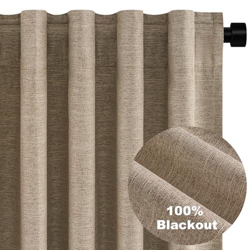 Taupe Burlap Linen Blackout Curtains & Drapes 86 Inch Length 2 Panels Set Dark Flax Linen Brown Tan Room Darkening Soundproof Cabin Curtains with Hooks Rings for Bedroom Living Room (Dark Flax / 52"W x 86"L (Pack of 2))