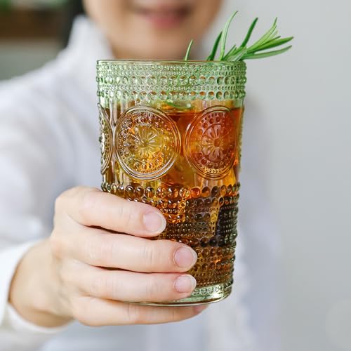 Hobnail Beaded Floral Green Drinking Glasses Set of 6 (Green / 13 oz)