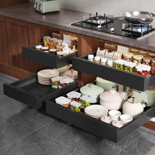 Pull Out Cabinet Organizer (Black / 13"-21"W x 17"-24"D(4Pack))