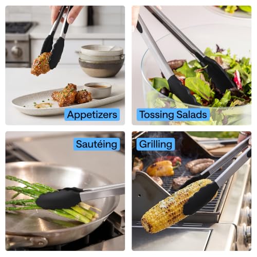 Stainless Steel Kitchen Tongs for Cooking (Black / 12" + 14")