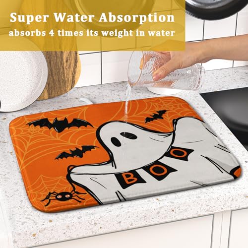 Orange Halloween Dish Drying Mat Spooky Boo Ghost Black Bats Dish Drainer Mats 16"x18" Spider Web Microfiber Reversible Dish Drying Rack Pad Protector for Kitchen Countertop Small Decor (18" x 16")