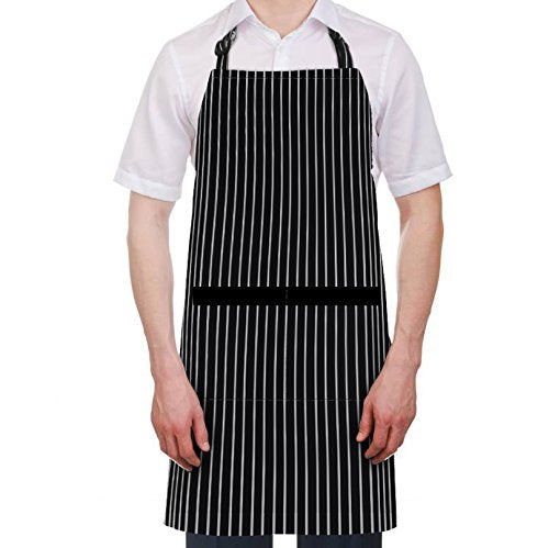 2 Pack Adjustable Bib Apron Thicker Waterdrop Resistant with 2 Pockets Cooking Kitchen Aprons for Women Men Chef (Stripe Black Pin / 2 Polyester)