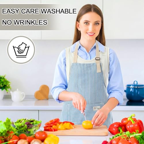 24 Pcs Aprons for Women Men with 2 Pockets Linen Cooking Kitchen Apron Adjustable Bib Chef Apron Bulk Aprons Unisex (Blue, Gray / Thin Stripes)