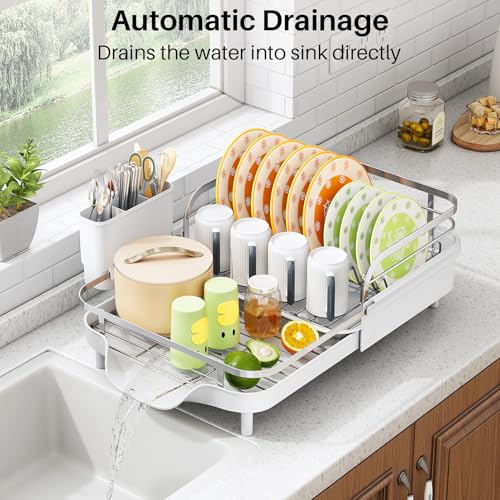 Expandable Dish Drying Rack for Small Kitchen Counter (White)