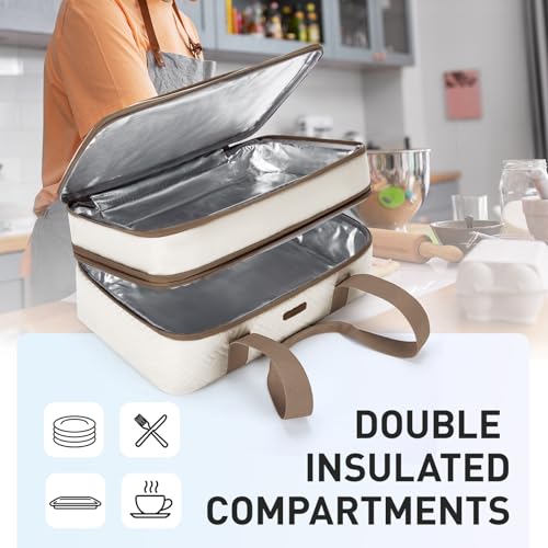 Double Decker Insulated Casserole Carrier for Hot or Cold Food Expandable Thermal Food Carrier for Picnic Cookouts Potluck Parties Fits 9" x 13" Baking Dish (Beige / Double Decker 16.93 x 11.02 x 7.87inch)