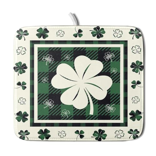 Patrick Clovers Dish Drying Mat 16"x18" Lucky Shamrock Spring Leaf Dish Drainer Mats Green Black Buffalo Plaids Absorbent Microfiber Dish Drying Pad for Kitchen Countertop Small Decor (18" x 16")