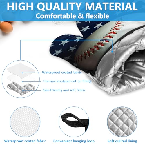 American Flag Baseball Oven Mitts and Pot Holders Sets Heat Resistant 4Pcs Potholders Oven Gloves Hot Pads for Kitchen Baking Cooking Grilling BBQ (American Flag Baseball)