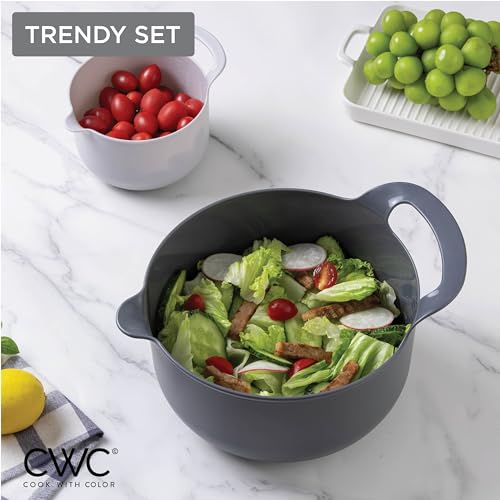 Nesting Plastic Mixing Bowl Set with Pour Spouts and Handles (Gray 6 Piece / 6 Piece Non-Slip)