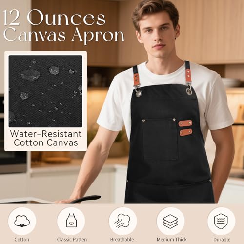 Chef Aprons for Men Women with Large Pockets (Black)
