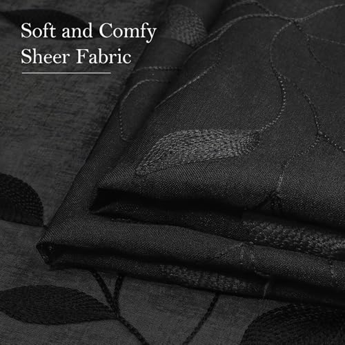 Black Sheer Curtains Leaf Embroidered (52"W x 96"L (Pack of 2) / Black)