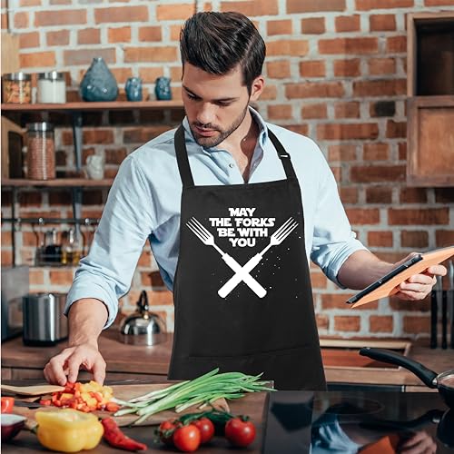 Funny Apron for Men Women 100% Cotton May The Forks Be With You Adjustable Bib Aprons with 2 Pockets Funny Gifts Grilling Grill Kitchen Cooking BBQ Black (May the Forks Be With You)