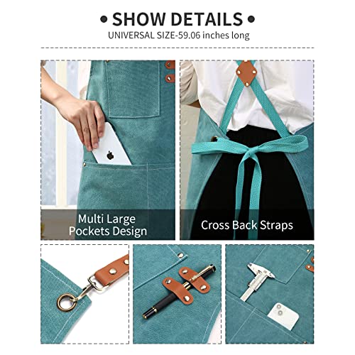 Chef Apron Cotton Canvas Gardening Apron with Large Pockets for Men and Women (Emerald Green)
