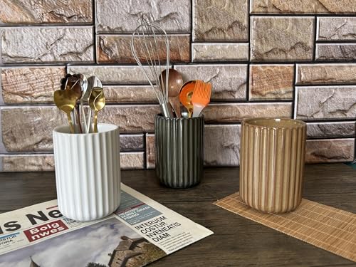 Stoneware Coffee Bar Utensil Holder Tea & Coffee Spoon & Stirrer Holder for Stir Stick Straw Teaspoon Holder Espresso Spoon Cup Small Utensil Jar Fluted Vertical Stripe (Rustic Brown)