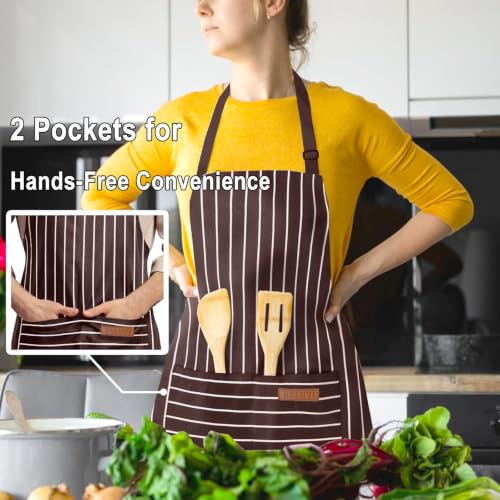 Adjustable Bib Apron with 2 Pockets Chef Cooking Kitchen Restaurant Aprons for Women Men (Brown Wide)