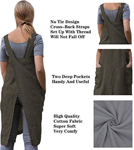 Women's Cross Back Pinafore Apron with Large Pockets Home Kitchen (X-Large / Army Green)