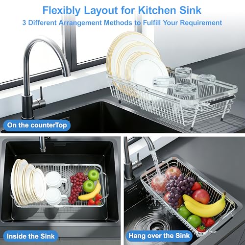 Over The Sink Dish Drying Rack Expandable Kitchen Sink Organizer (Medium (8.5"W | Extend 11.6"-17.5"L))