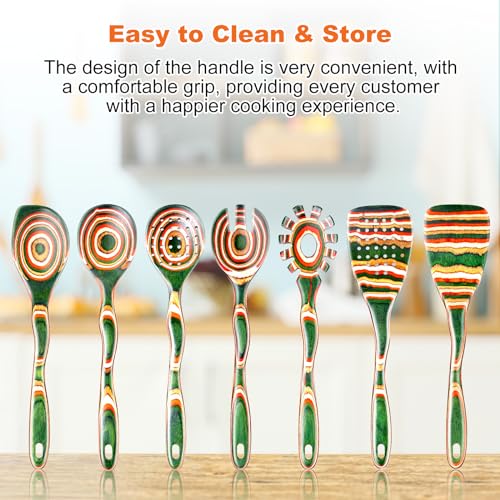 7Pcs Pakkawood Kitchen Utensils Set for Cooking (Green Spoon-7pcs)