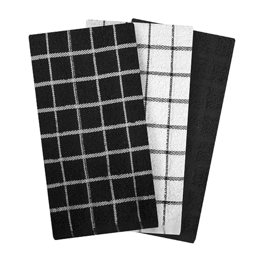 Premium 100% Cotton Terry Check Kitchen Dish Towels (Black / 3-Pack - Kitchen Towel)