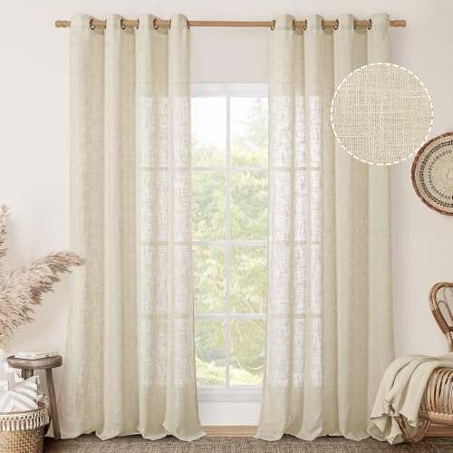 Beige Linen Sheer Curtains 96 Inches Long for Living Room 2 Panels (52"W x 96"L (Pack of 2) / Beige)